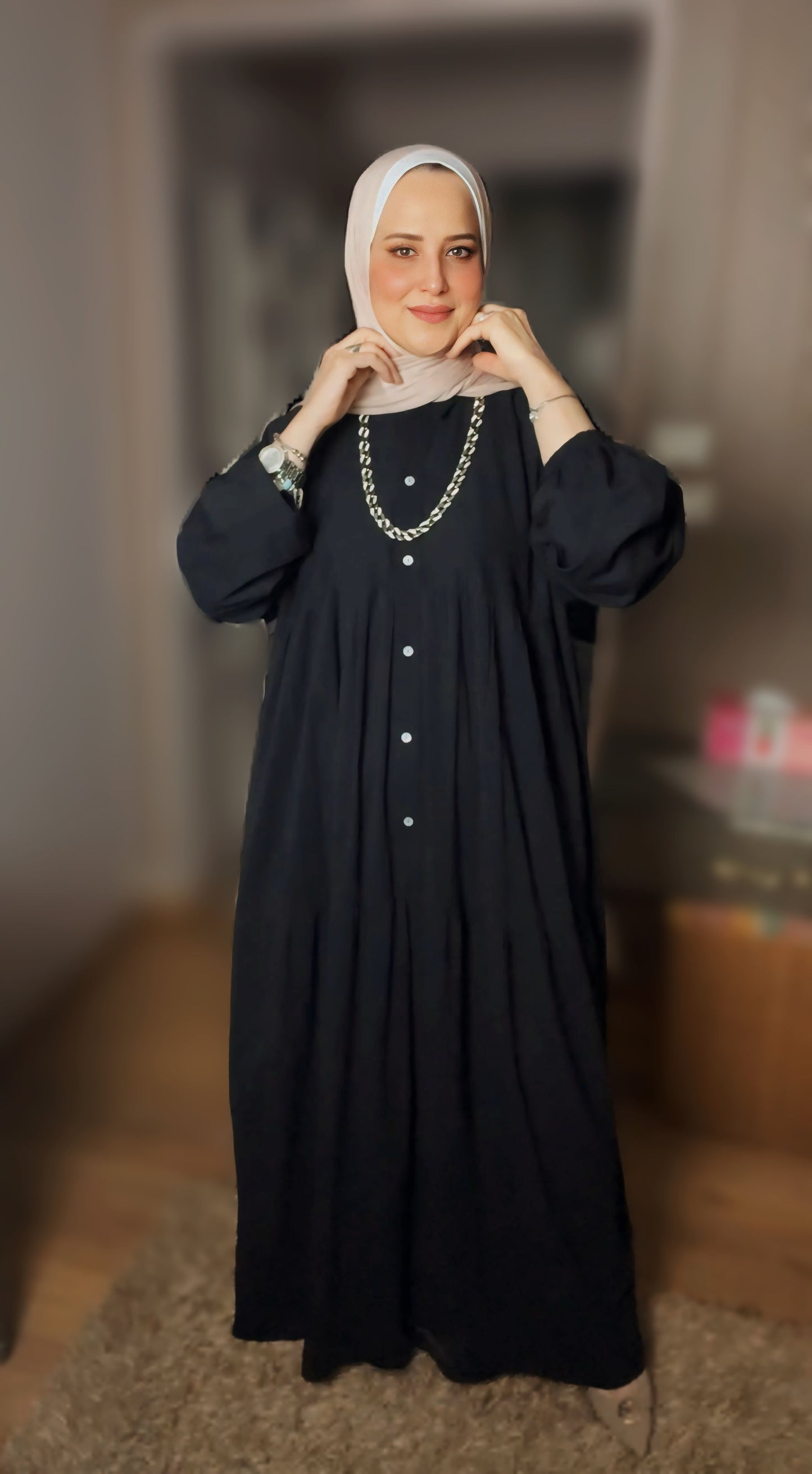 Cotton-Linen Maxi Dress with Buttons and Puffy Sleeves