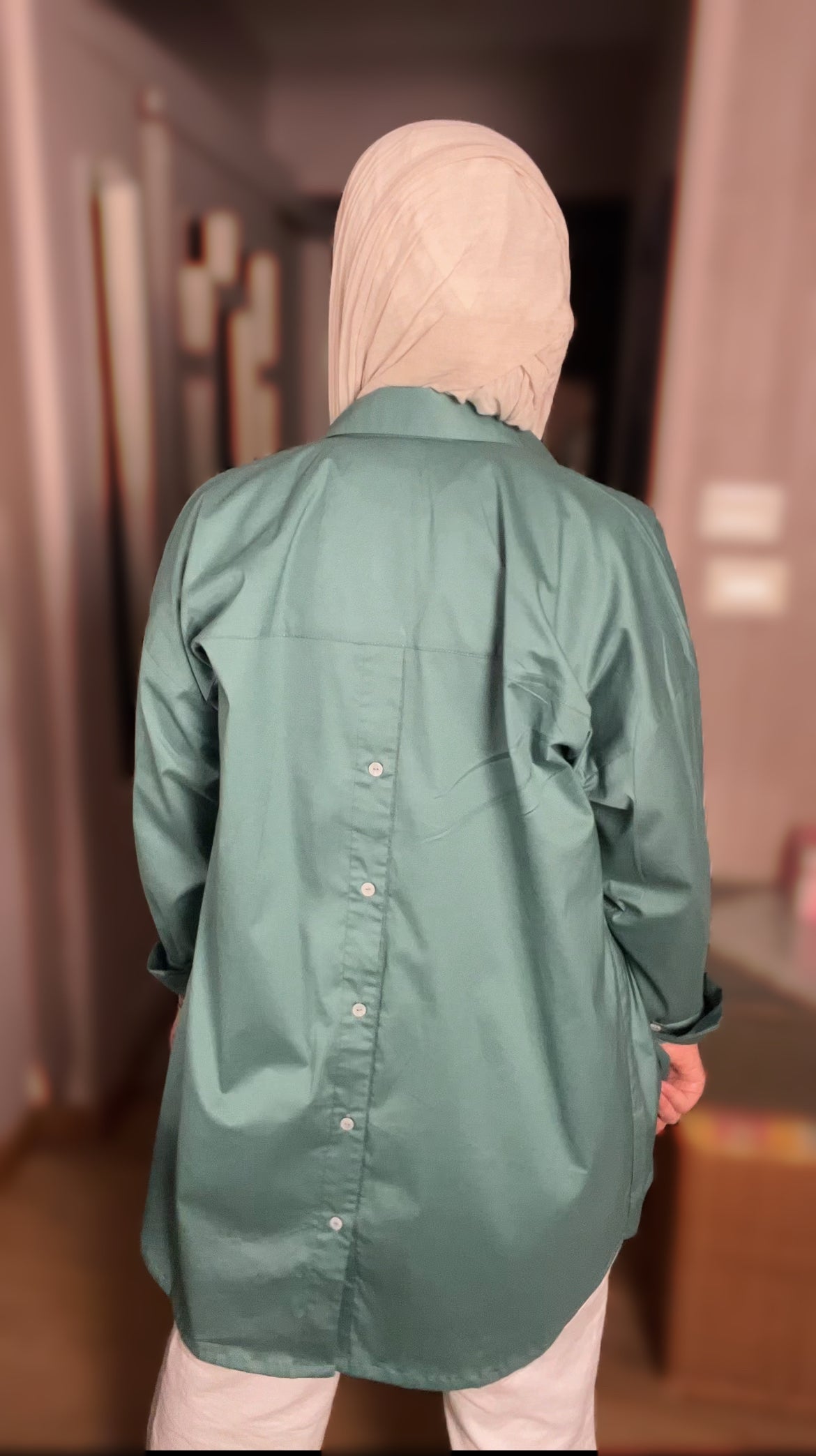 Oversized Shirt with Back Buttons – Soft Olive Green
