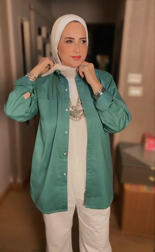 Oversized Shirt with Back Buttons – Soft Olive Green