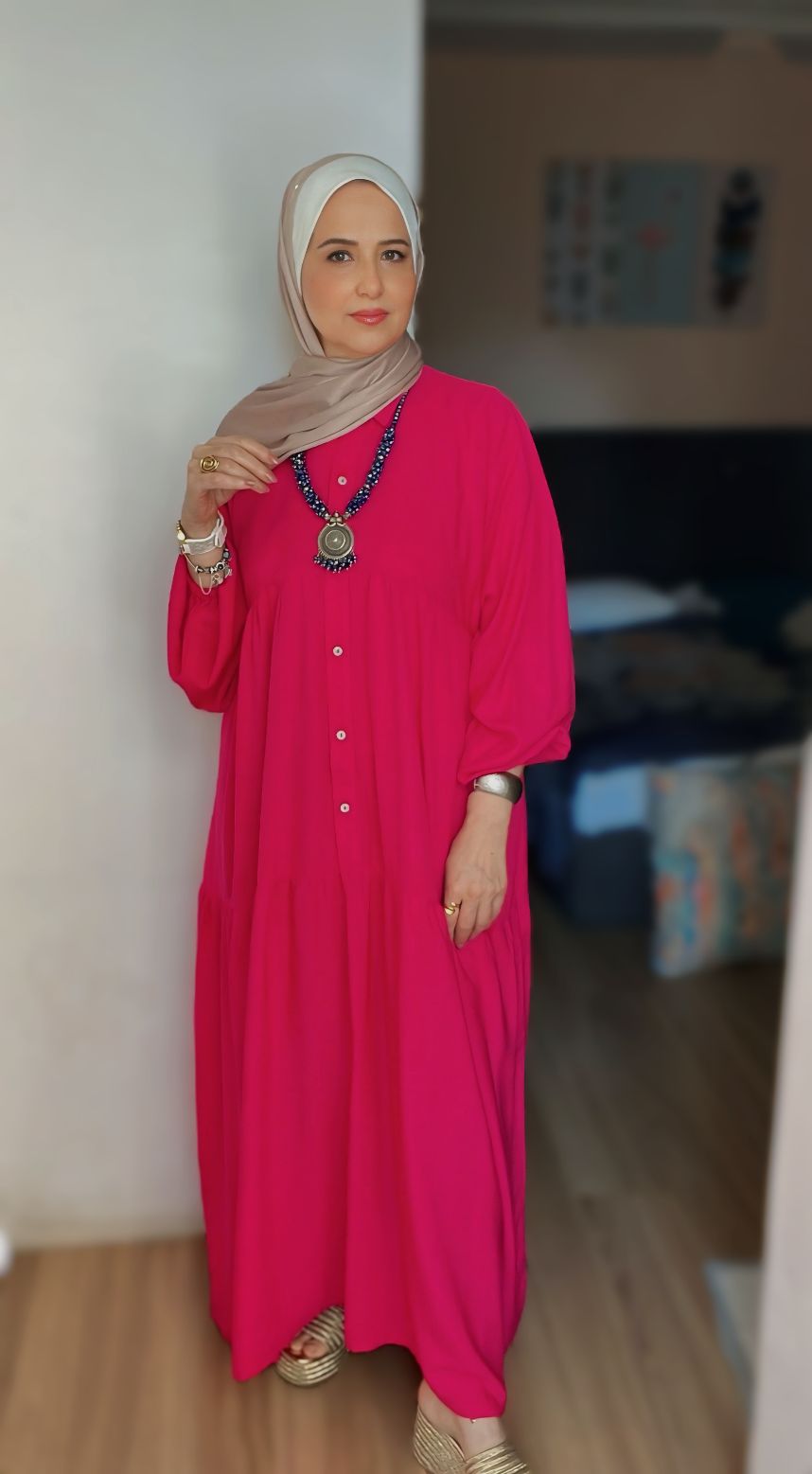 Cotton-Linen Maxi Dress with Buttons and Puffy Sleeves