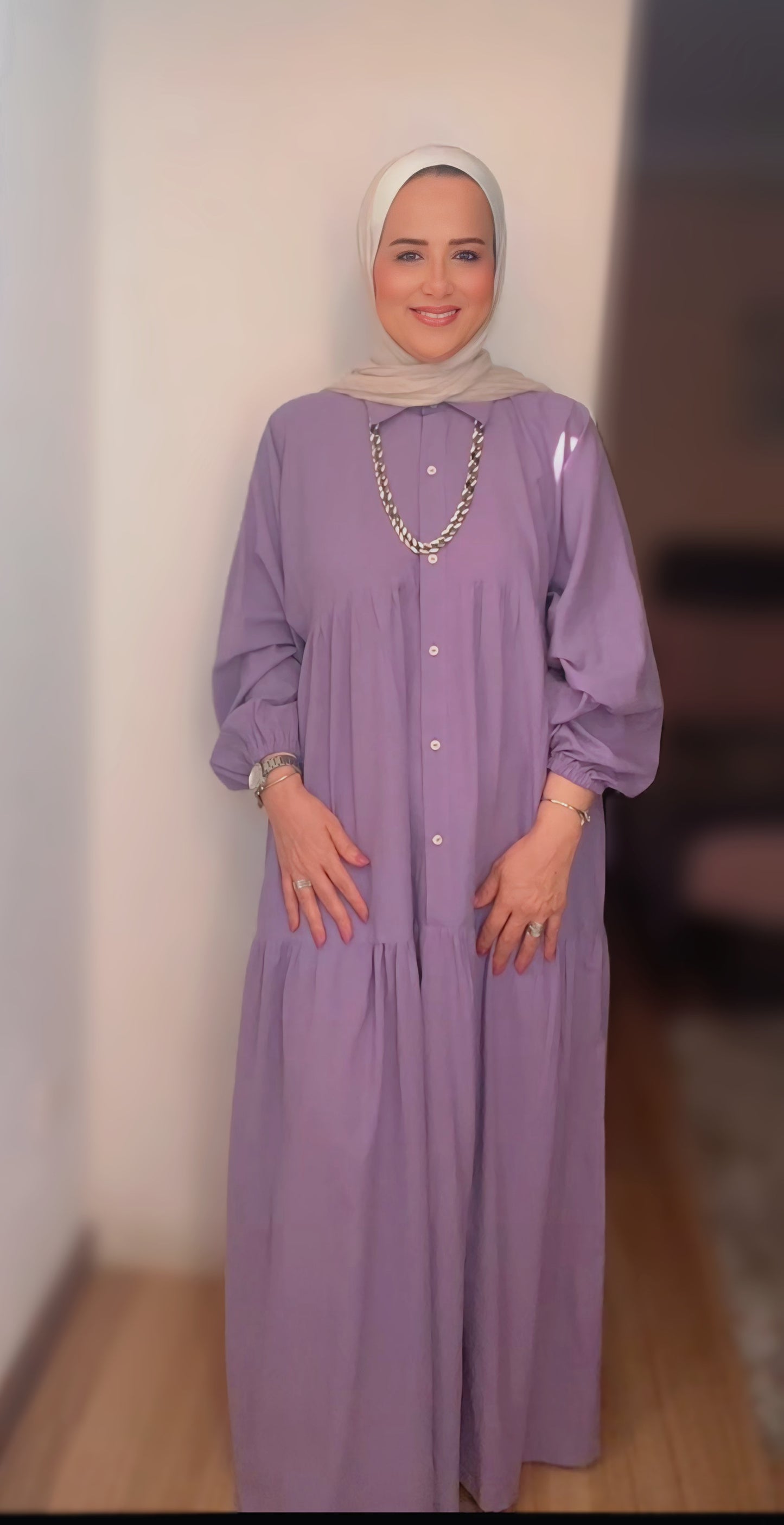Cotton-Linen Maxi Dress with Buttons and Puffy Sleeves