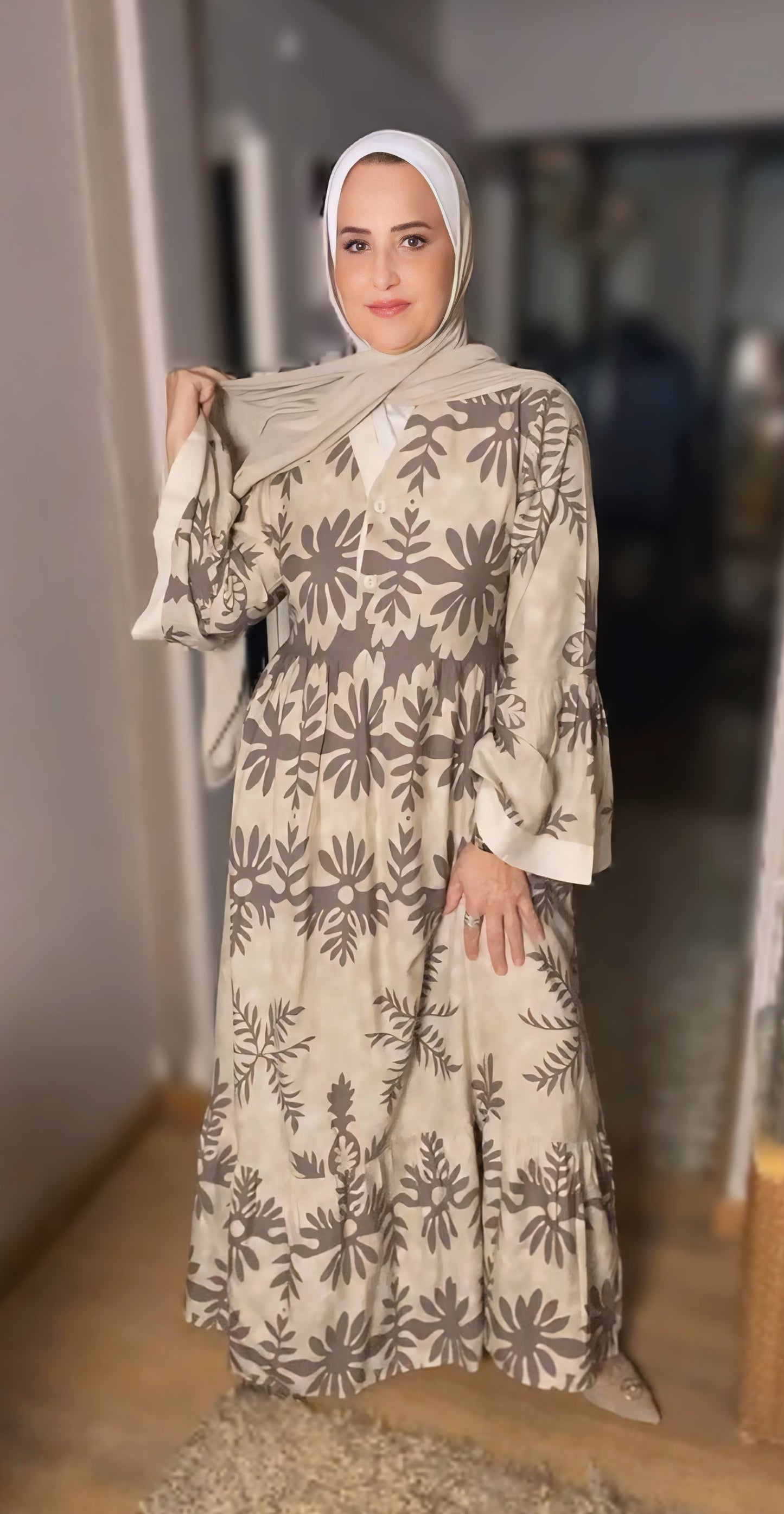 Maxi Floral Print Modest Dress with Flared Sleeves – Elegant Everyday Style