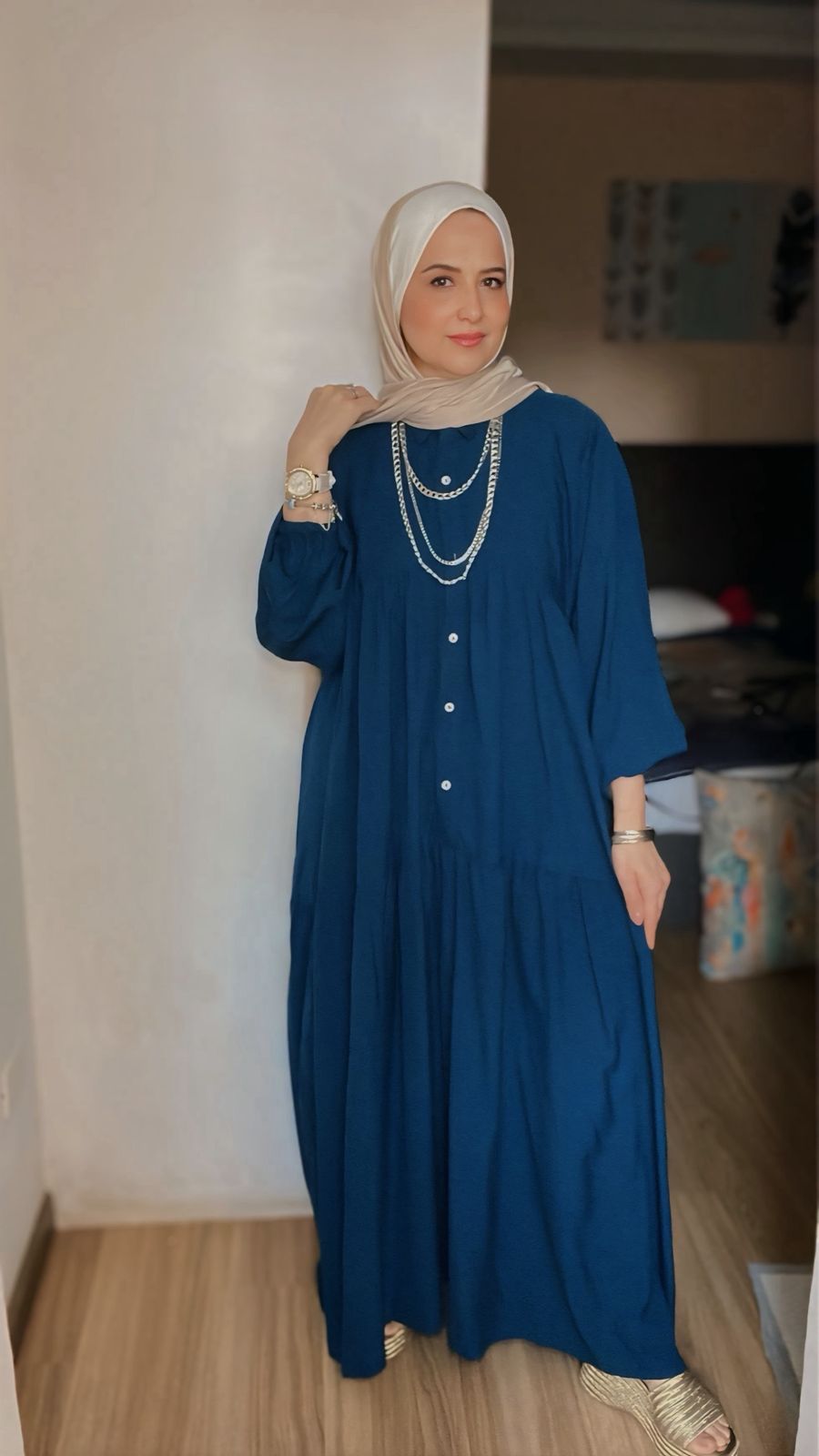 Cotton-Linen Maxi Dress with Buttons and Puffy Sleeves