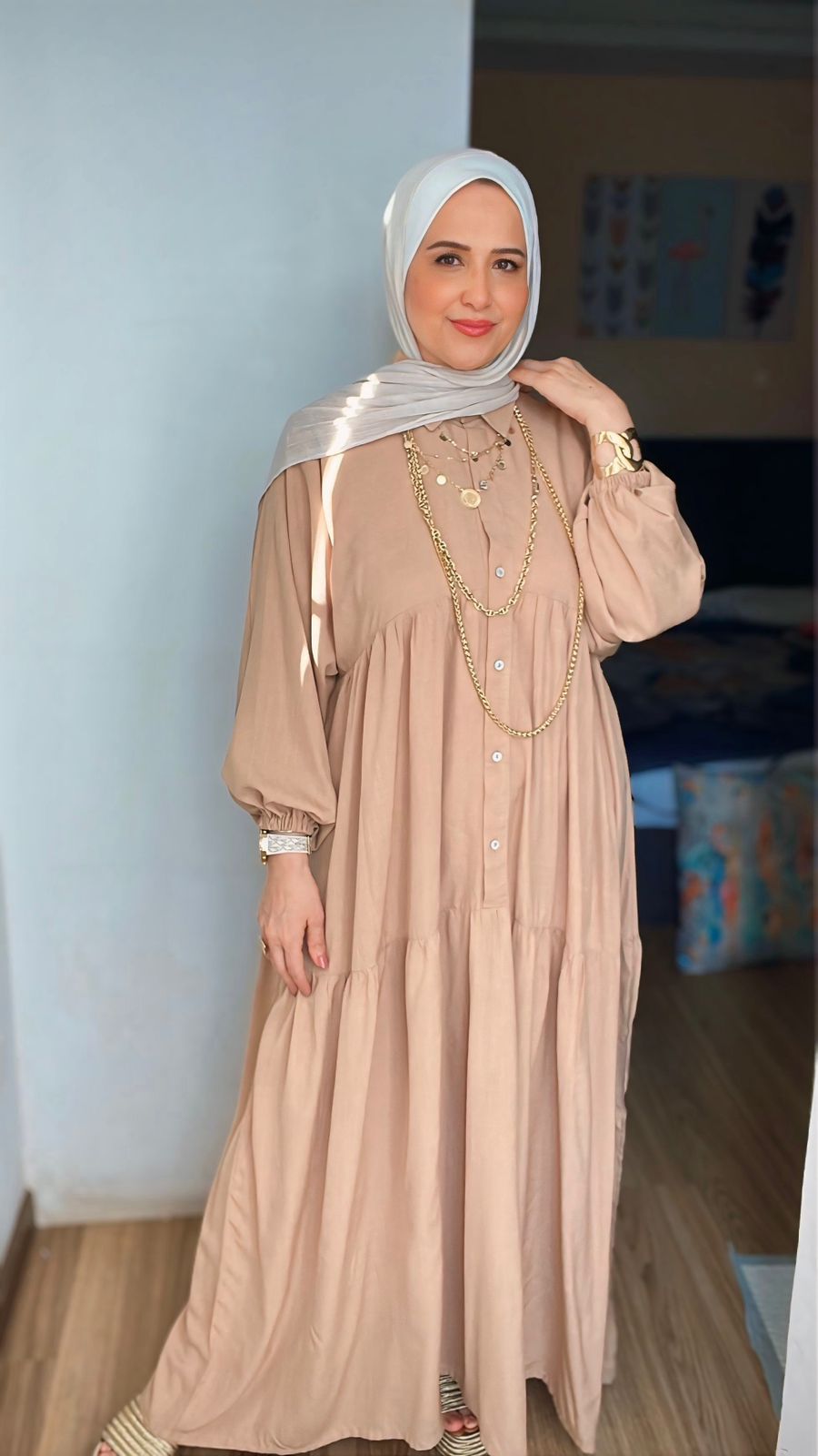 Cotton-Linen Maxi Dress with Buttons and Puffy Sleeves