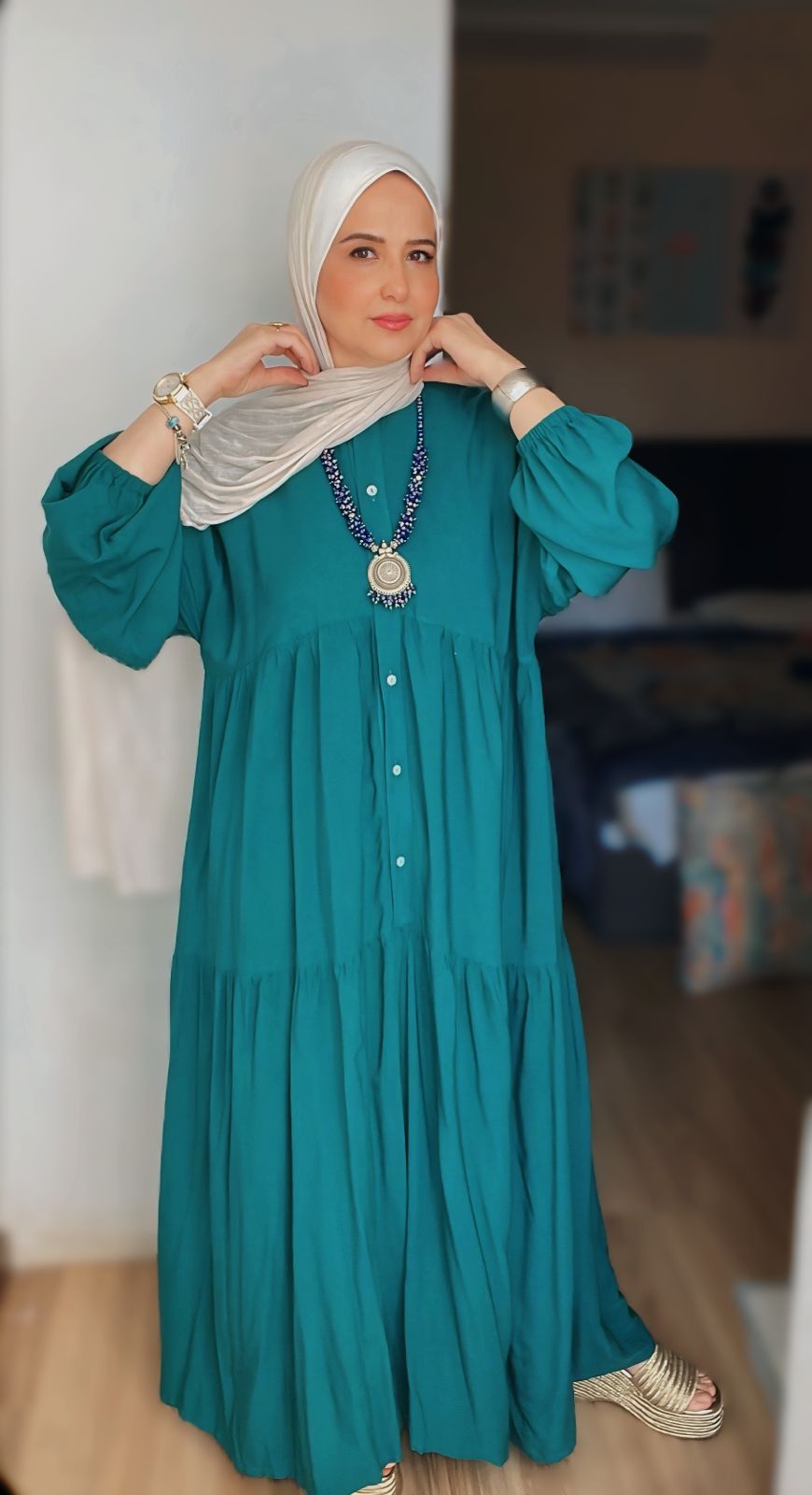 Cotton-Linen Maxi Dress with Buttons and Puffy Sleeves