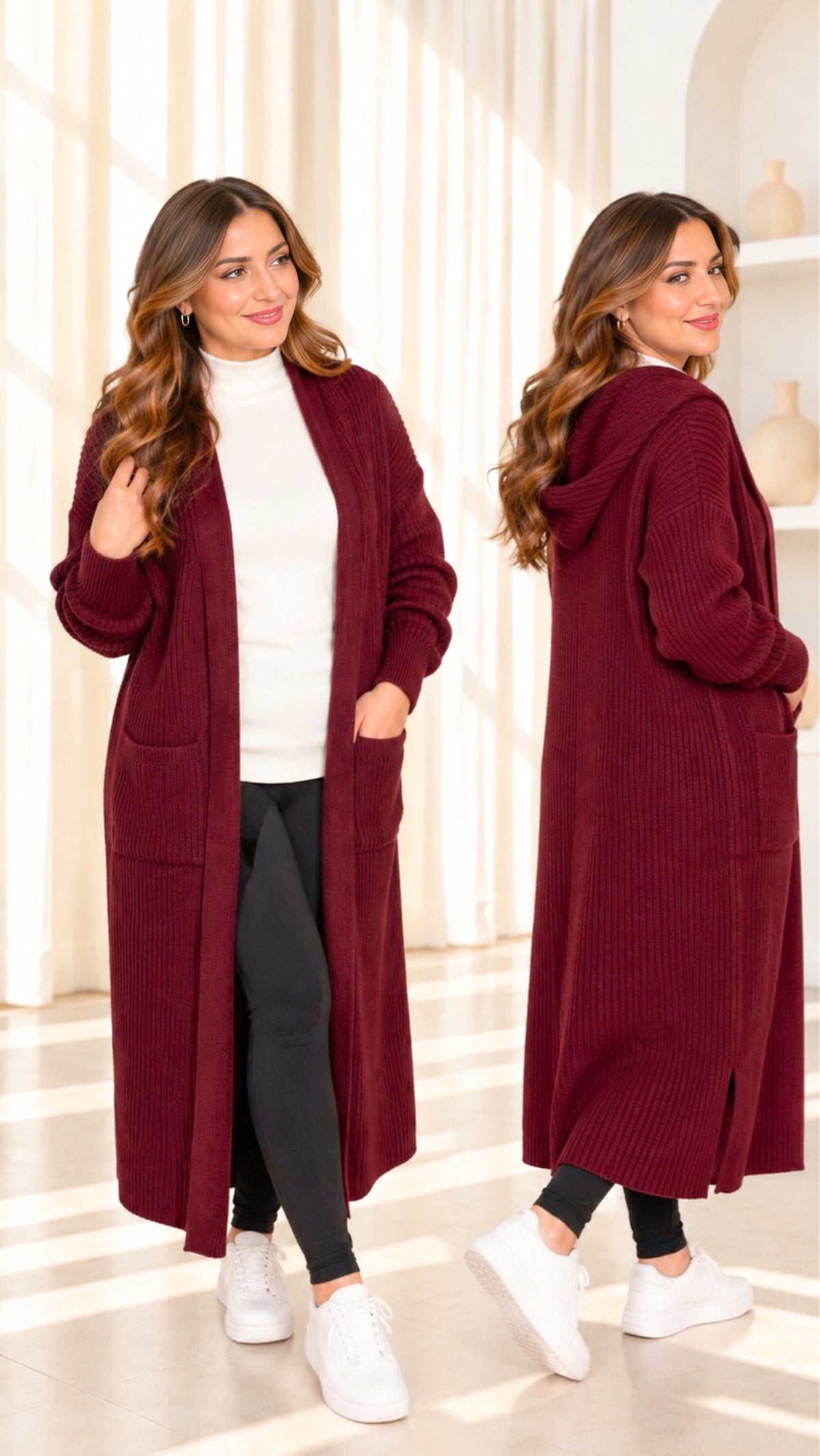 Alyashmak Elara cozy long cardigan in burgundy, modest knit cardigan, front and back view